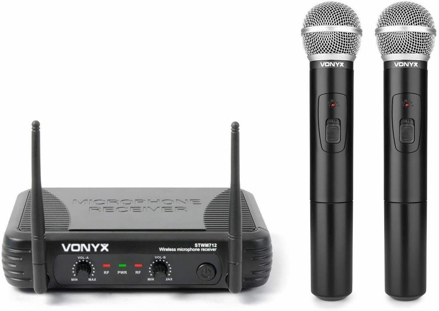 STWM712 Système Micro sans Fil VHF 2 Canaux, Idéal pour les Évènements Professionnels, Transmission jusqu'à 50 Mètres, jusqu'à 8 Heures d'Autonomie
