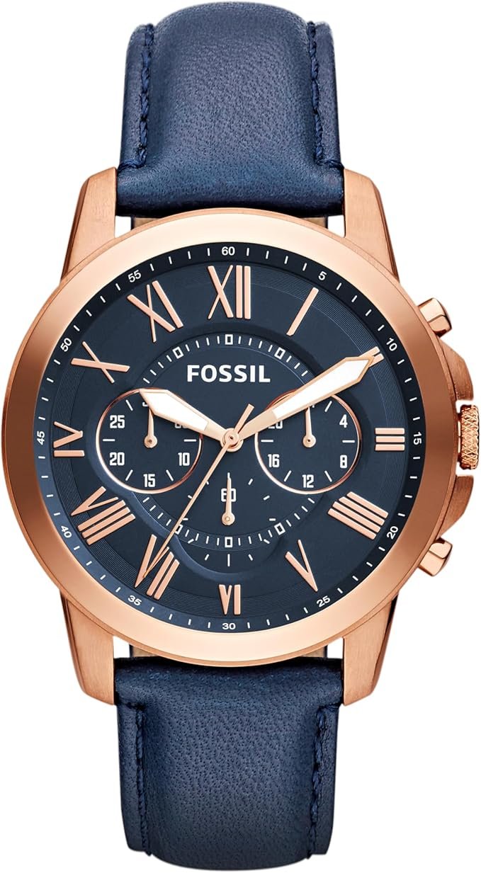 Fossil Montre pour Homme Grant, Taille de boîtier de 44 mm, Mouvement Chronographe à Quartz, Bracelet en Cuir véritable