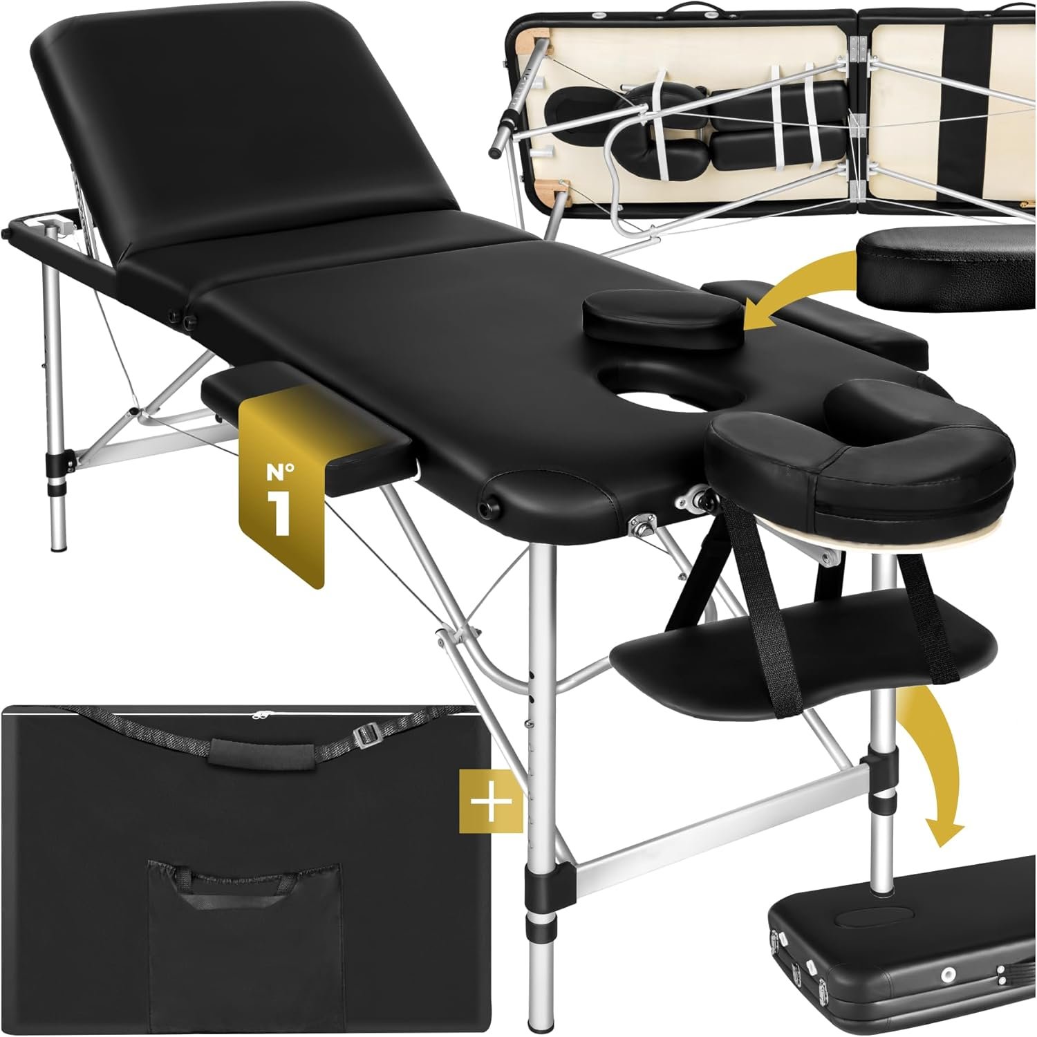 Table de Massage Pliante Professionnelle 3 Zones Aluminium Cosmetique Lit de Massage Table Esthetique Tatouage Portable avec Repose Bras, Housse de Transport Incluse