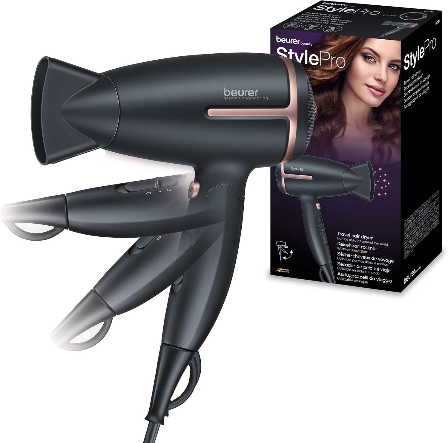 HC 25 Sèche-cheveux de voyage pliable avec fonction ionique, puissant, pour des cheveux doux et souples, pour les déplacements, 1 600 watts, adaptation mondiale de la tension 110-120/220-240 V