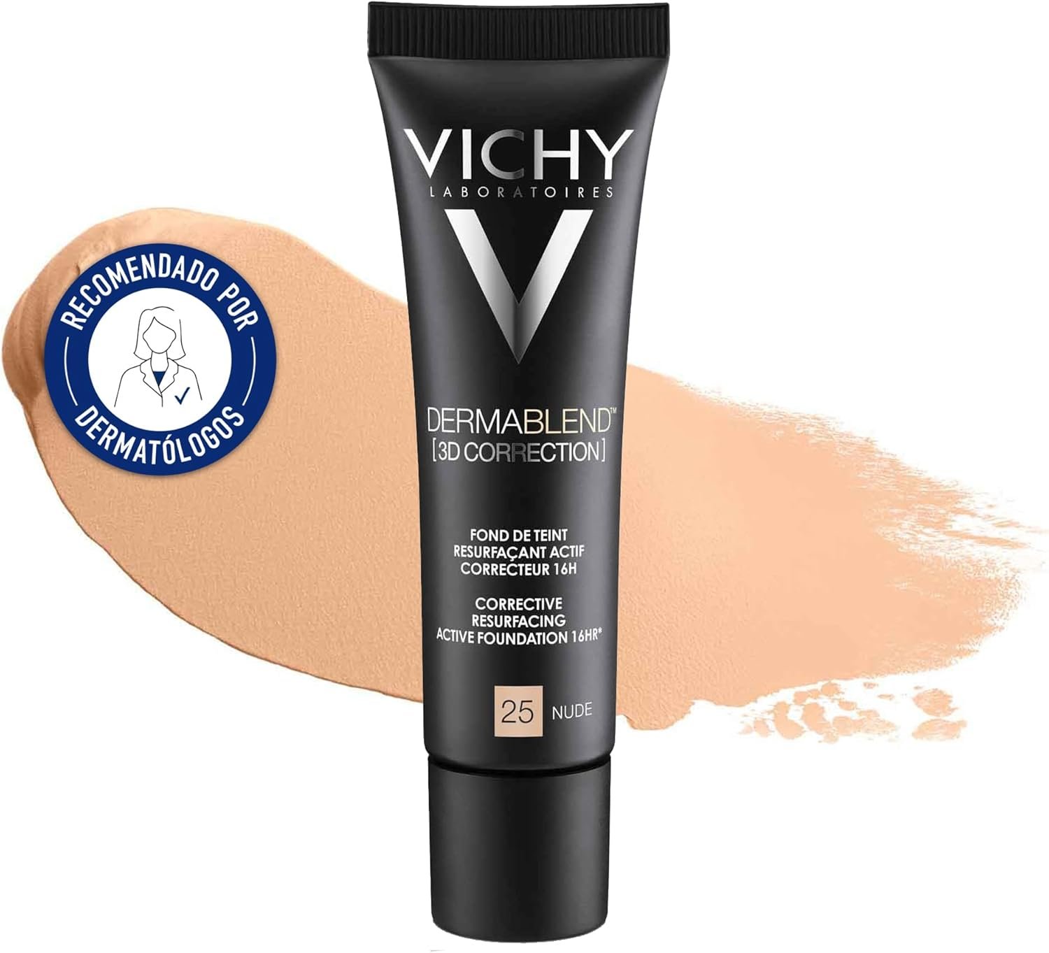 Vichy, Dermablend, Fond de Teint Resurfaçant 3D, Actif Correcteur, Longue Tenue 16H, Haute Couvrance, SPF 25, Adapté aux Peaux Sensibles, Teinte : Nude 25, 30 ml