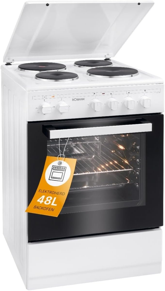 Cuisinière Electrique 4 plaques et four de 48L, Largeur 50 cm, cuisine avec plaque couvre-feu, allumage manuel, 4 foyers avec commandes, Energie A