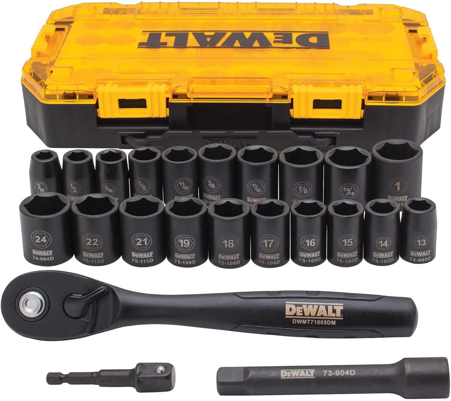 DEWALT Impact Socket Set with Ratchet, Metric/SAE, 1/2" Drive, 23-Piece Set with Case (DWMT74739)