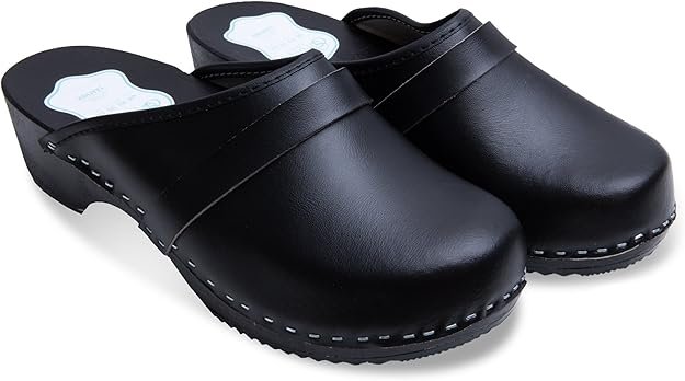 Sabots pour Femme - Cuir véritable/Semelle en Bois - Noir