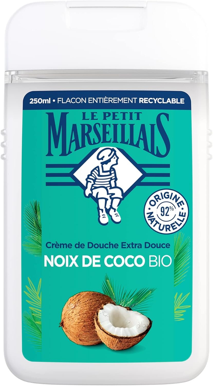 Le Petit Marseillais | Crème de Douche Extra Douce Noix de Coco Bio (flacon de 250 ml) – Gel douche avec 92 % d'ingrédients d'origine naturelle – pH neutre pour la peau et sans colorant