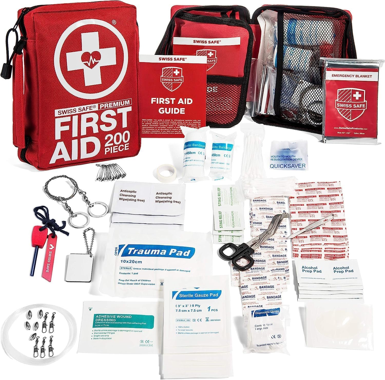 Swiss Safe 200 Pcs First Aid Kit for Camping, Travel, Car & Survival