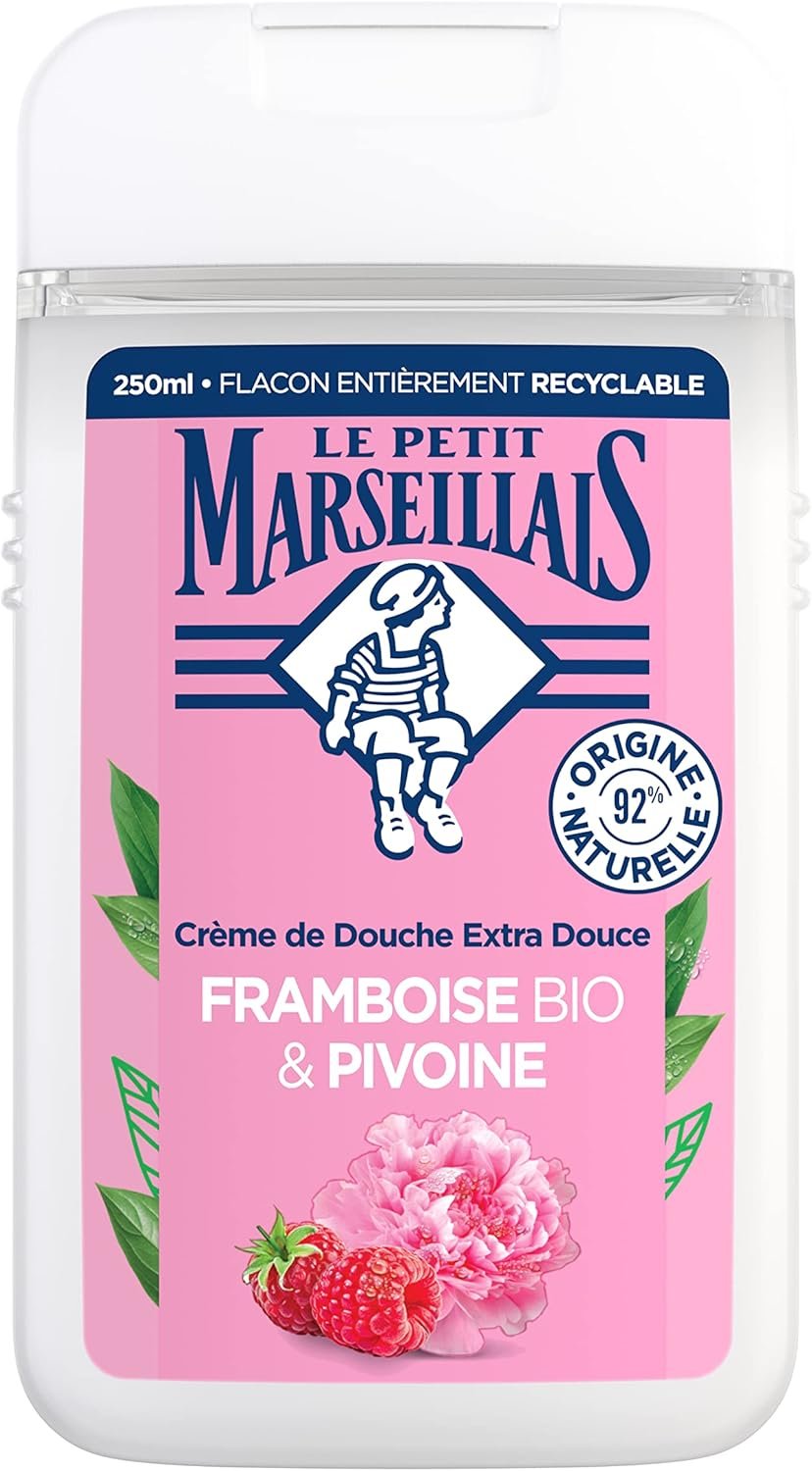 Le Petit Marseillais | Crème de Douche Extra Douce Framboise Bio & Pivoine (flacon de 250 ml) – Gel douche avec 92 % d'ingrédients d'origine naturelle – pH neutre pour la peau et sans colorant