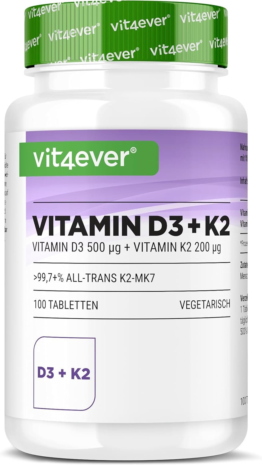 Vitamine D3 + K2 MK-7-100 Comprimés - 20.000 U.I. (500µg) Vitamine D3 & 200µg K2 par Comprimé - Matière Première Premium: 99,7+% All-Trans - Haute Pureté - Forte Dose - Végétarien
