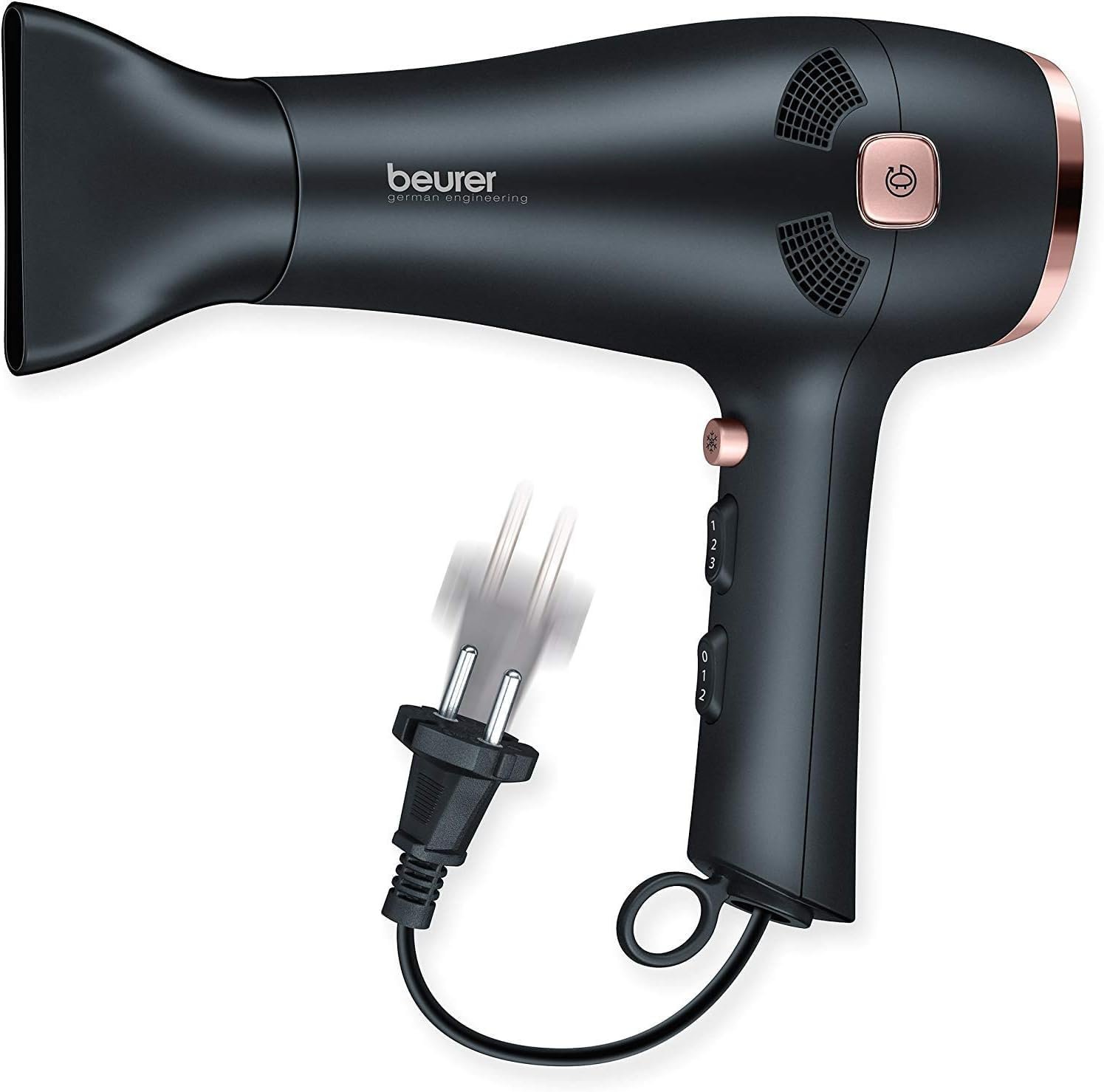 HC 55 Sèche-cheveux ionique avec enrouleur de câble, technologie ionique, buse professionnelle et diffuseur volumateur, noir