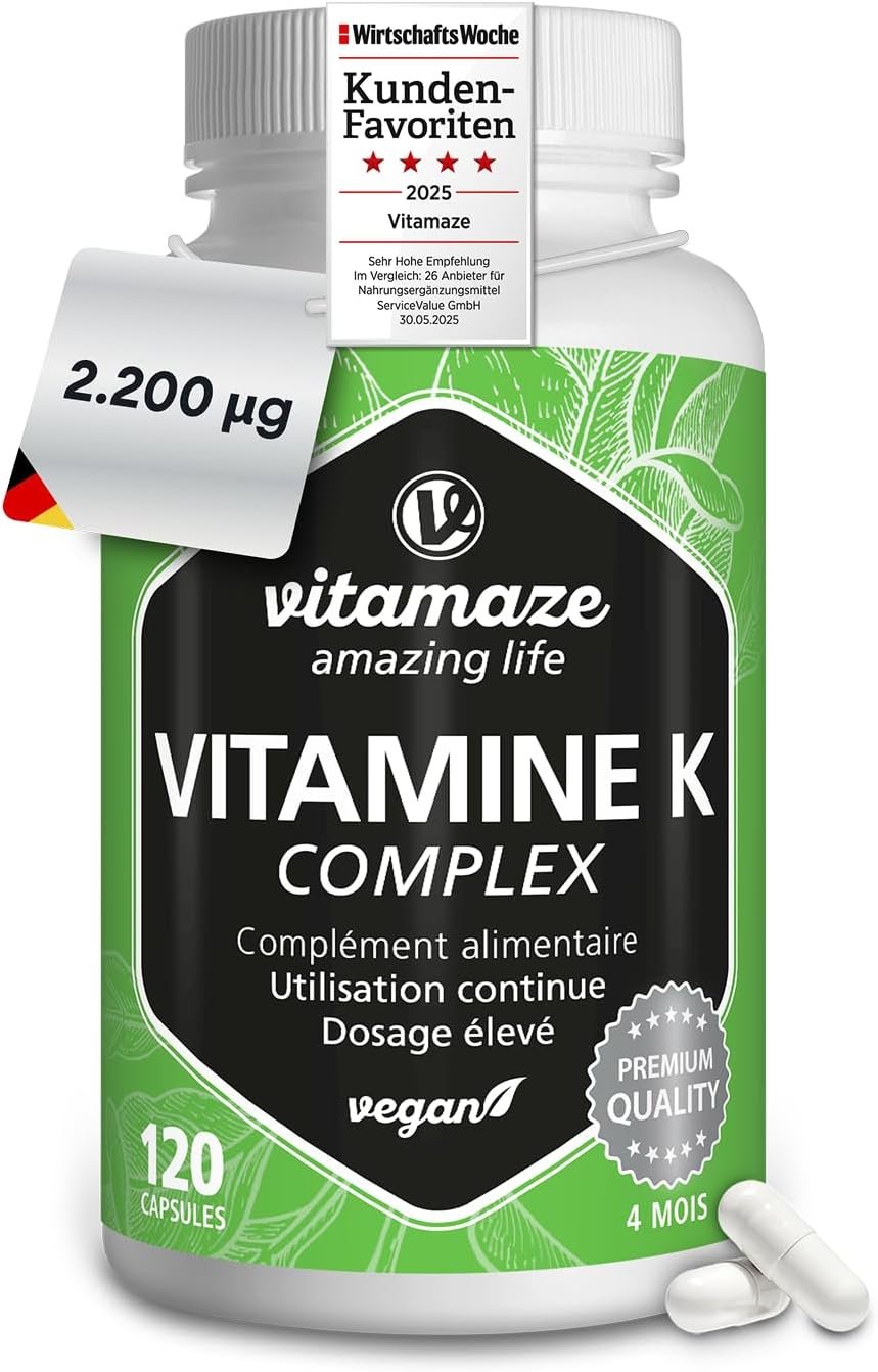 Vitamine K Complexe à Haute Dose et Végétalien, K1 1.000 mcg + K2 Ménaquinone (1.000 mcg MK4 + 200 mcg MK7), 120 Capsules pour 4 Mois, Meilleure Biodisponibilité, sans Additifs
