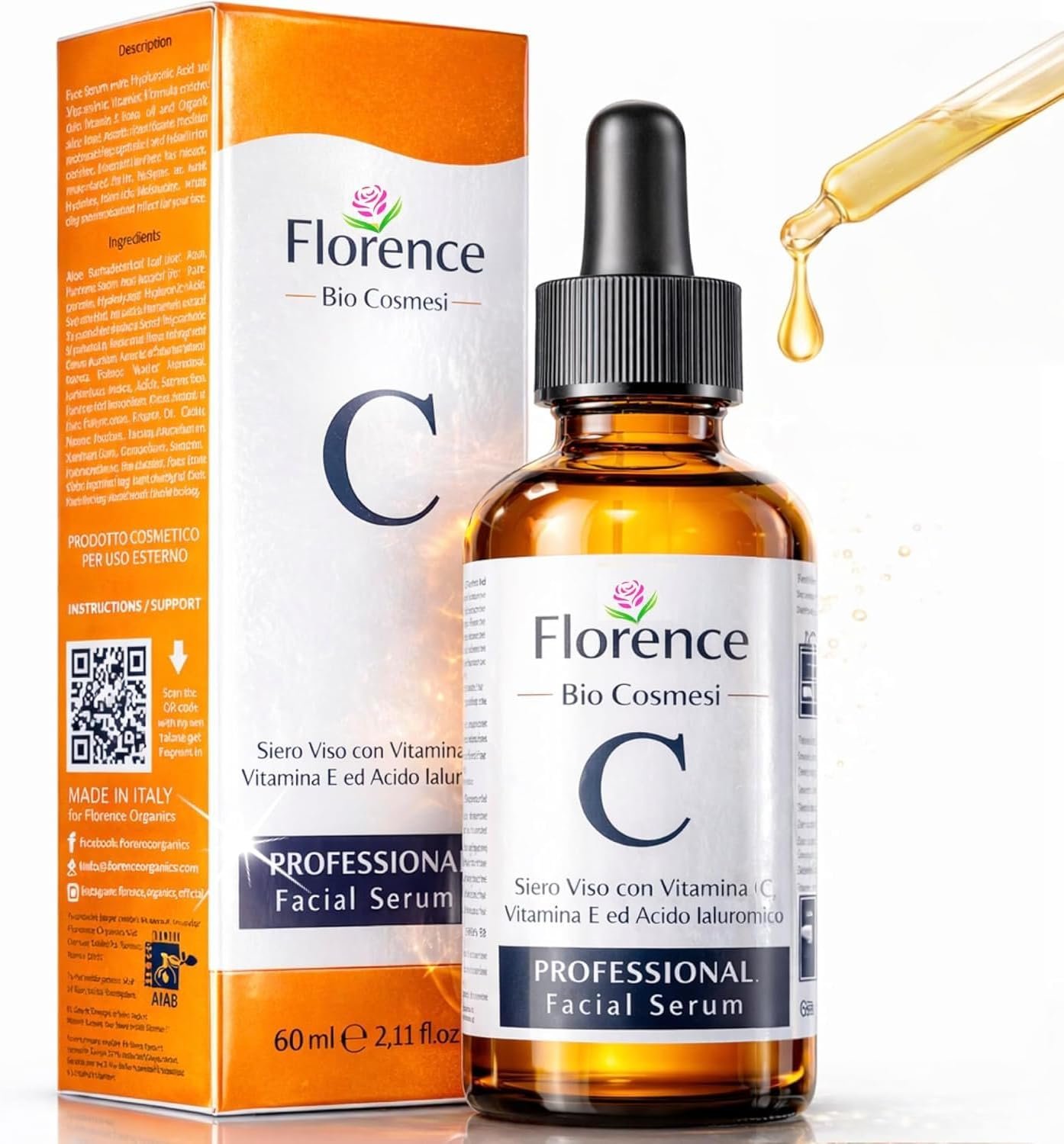 60 ml Bio Sérum Visage à la Vitamine C, Acide Hyaluronique Pur, Vit. E, B5 et Niacinamide. Anti-Rides, Anti-Taches, Anti-âge et Hydratant. Soin Visage Vegan & Cruelty Free.Testé Dermatologiquement