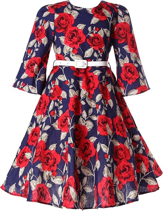 Robe Fille Fleurs Rétro Vintage avec Ceinture