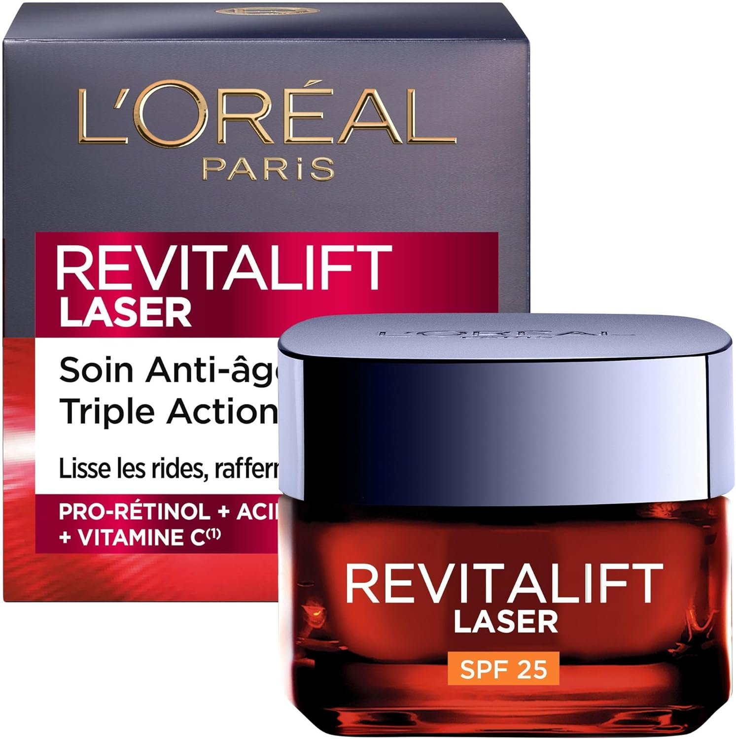 L'Oréal Paris - Soin Visage Anti-Âge FPS 25 - Crème de Jour Triple Action avec Protection UV - À l'Acide Hyaluronique, Pro-Rétinol & Vitamine C - Tous Types de Peaux - Revitalift Laser X3 - 50 ml