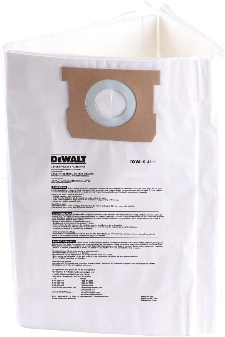 3 Pack DEWALT Fine Dust Bag DXVA19-4111, for 6-10 Gallon Wet/Dry Vacuum, Filter Bag Compatible with DXV06P DXV09P DXV09PA DXV10P DXV10PL DXV10S DXV10SA DXV10SB