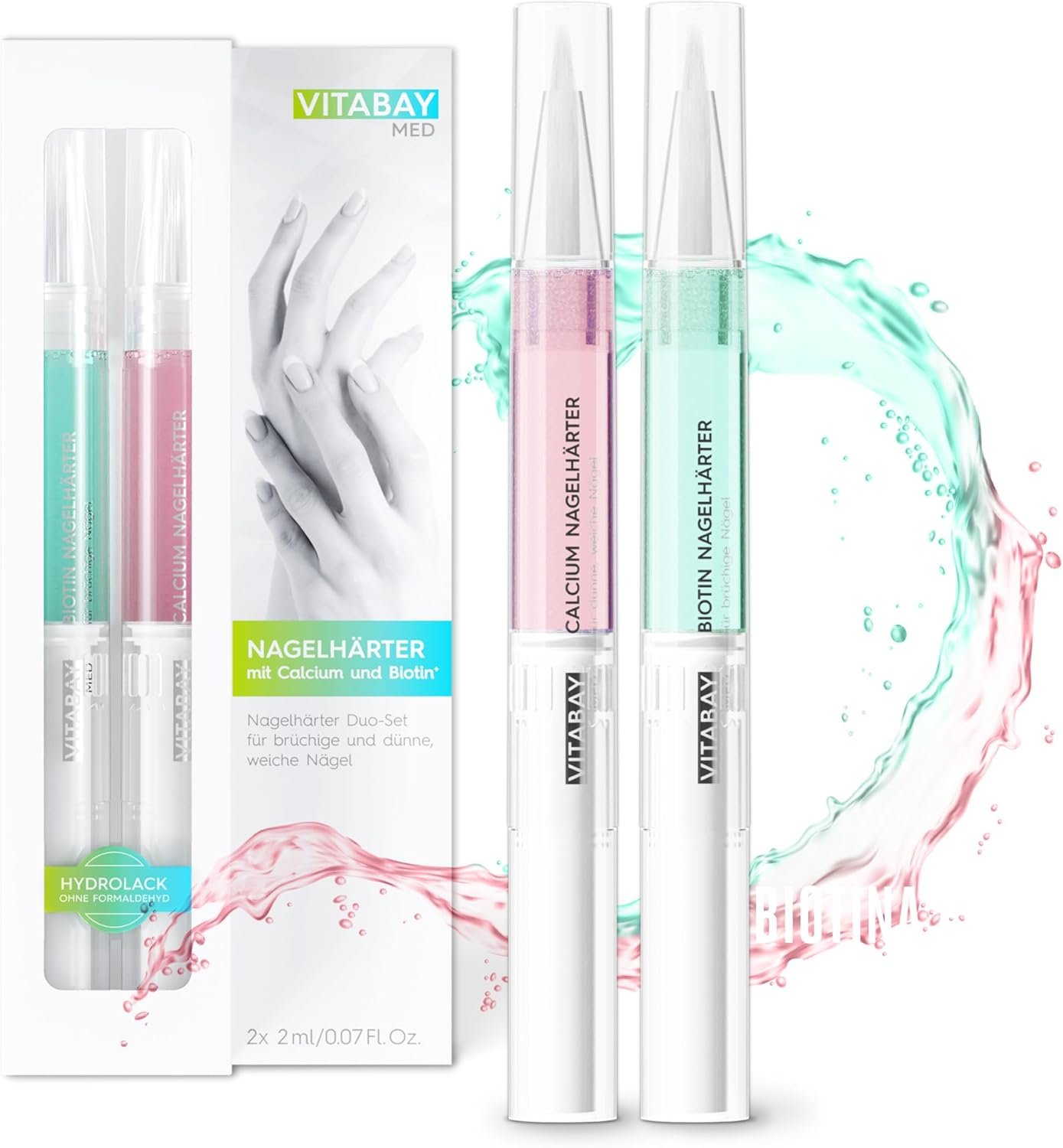 Huile fortifiante Végane pour ongles fragiles 2 x 2 ml avec Calcium et Biotine Duo Set - Durcisseur pour ongles fragiles - Huile pour ongles - Soin des ongles et cuticules - Facile à appliquer