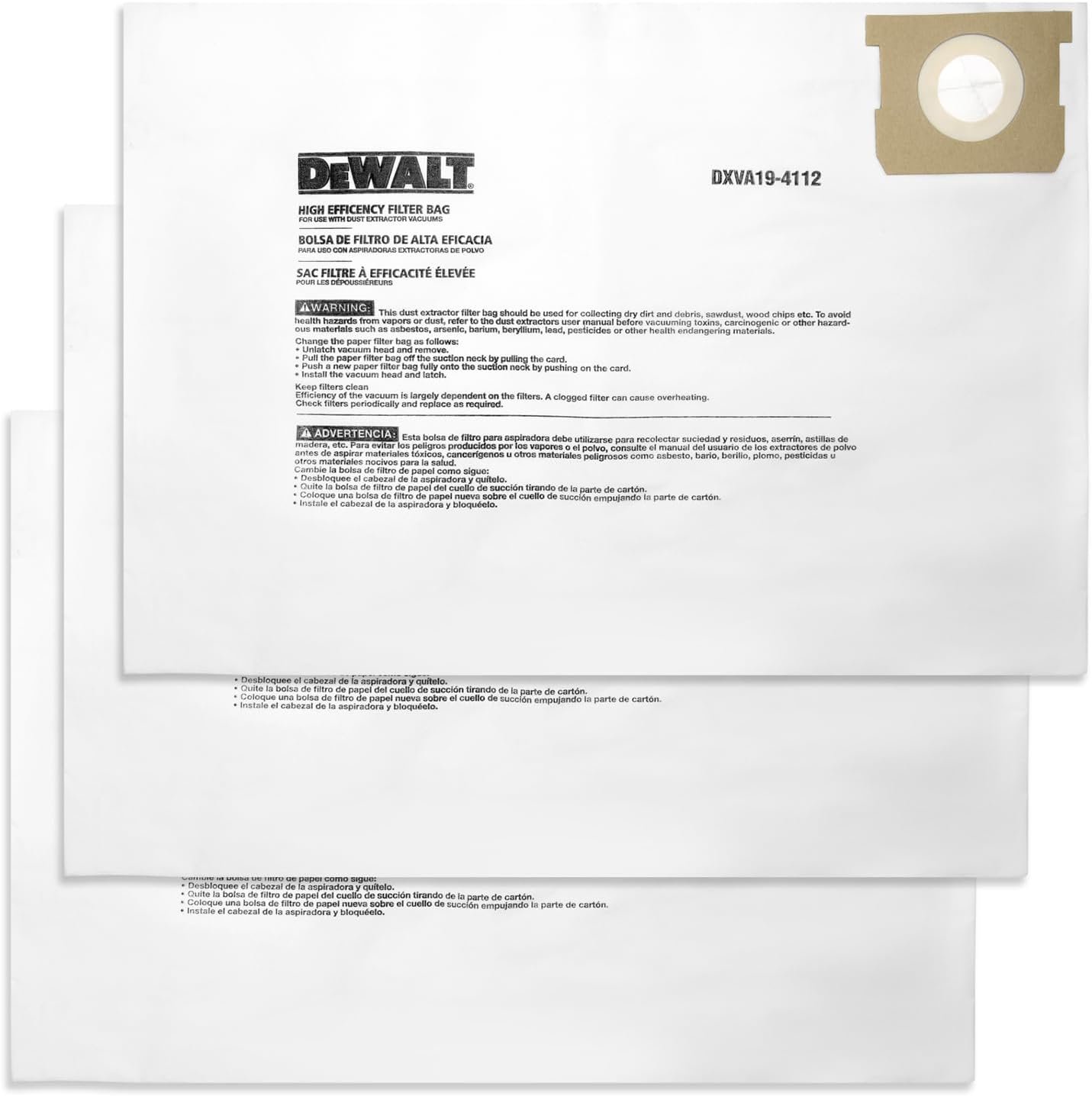 DEWALT DXVA19-4112 Fine Dust Bag Fits for 12-16 gallon Wet/Dry Vacuum Compatible with DXV12P DXV14P DXV16P DXV16PA DXV16S