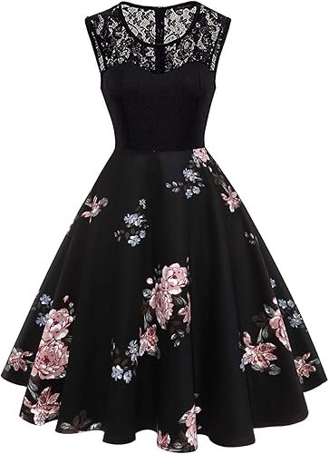 Femme Robe Vintage Années 50 Pin Up Mi Longue en Coton et Dentelle