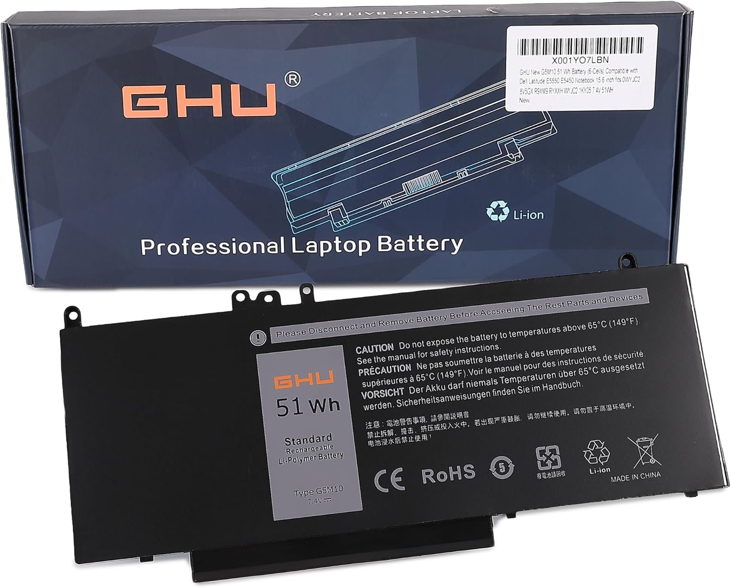 Batterie G5M10 7,4 V 51 Wh 6 cellules pour Dell Latitude E5550 E5450 15,6" – Compatible 0WYJC2, 8V5GX, R9XM9, RYXXH, WYJC2, 1KY05