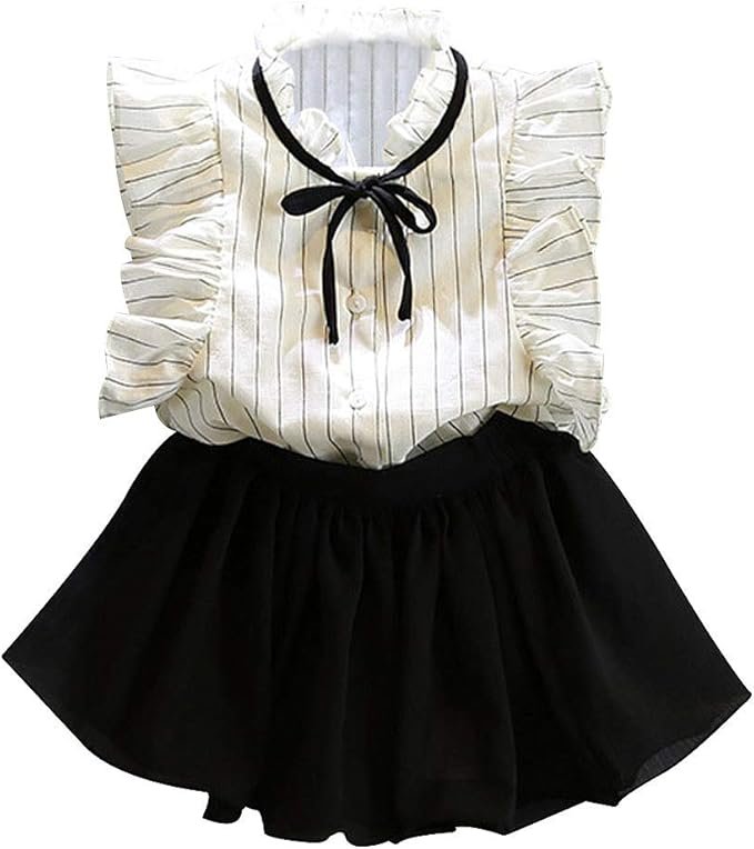 Filles Rayures Manches Courtes Boutonné Lotus Col T-Shirt Tops et Shorts Ensemble