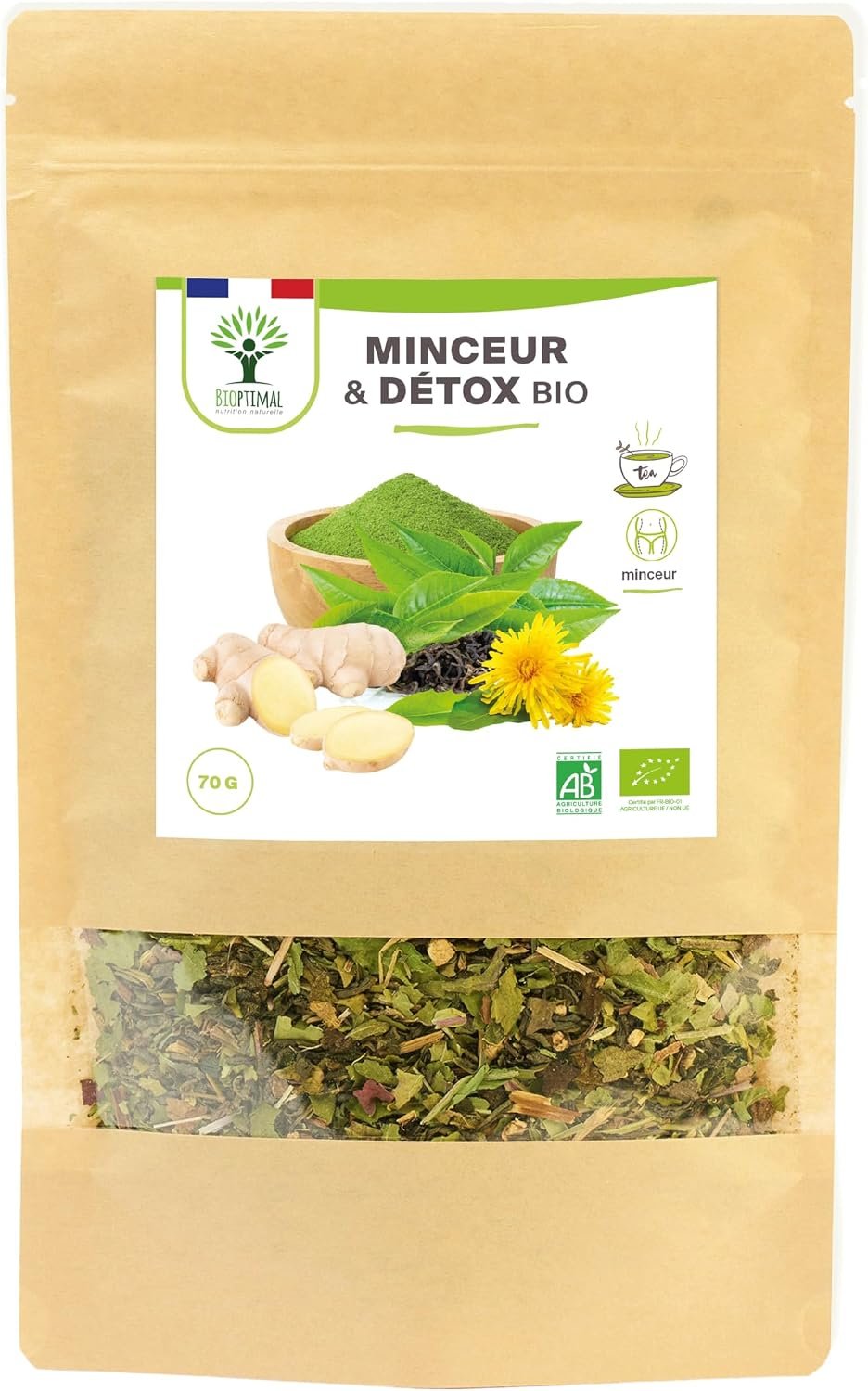 Thé Minceur Bio - Infusion Perte de poids - Effet Amincissant et Détox - Goût Savoureux - Thé Vert Maté Gingembre Ortie Pissenlit - Fabriqué en France - Certification Ecocert - 70g