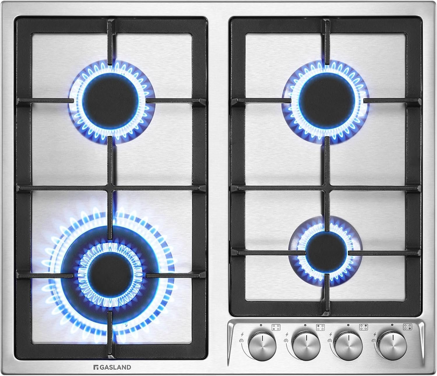 GH60SF Plaque de cuisson à gaz encastrable en acier inoxydable, 4 feux, 60 cm cuisinière à gaz butane avec brûleur Wok, puissance 8000W, compatible LPG/Gaz naturel
