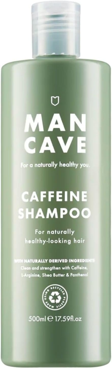 ManCave Shampoing Hommes à la Caféine 500 ml , Soutient et Encourage la Pousse de Cheveux avec Caféine, Panthénol et Vitamine E, Naturel, Shampoing Sans Sulfate, Vegan, Fabriqué en Angleterre