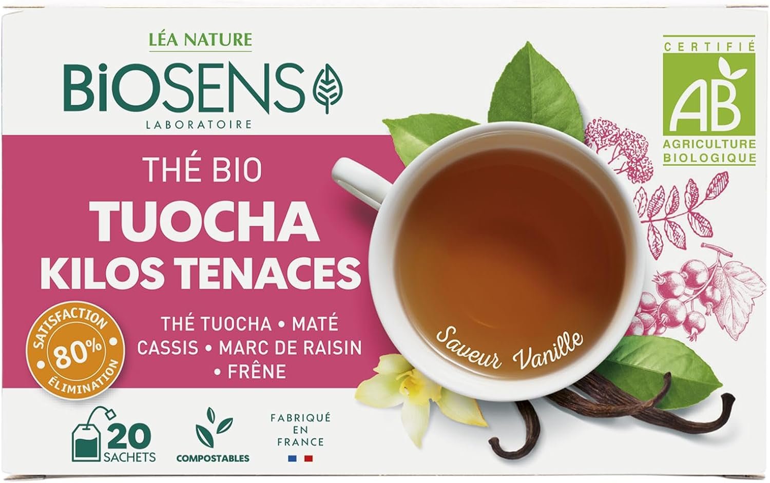 Thé Tuocha Kilos Tenaces - Thé Tuocha, Maté, Cassis, Marc de Raisin et Frêne - Certifié Bio AB - Fabriqué en France - 20 sachets