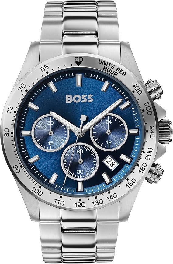 BOSS Montre Chronographe à Quartz pour Homme 43 mm Collection Hero avec Bracelet en Acier Inoxydable Maillons ou Maille, Fonction Date, 3 sous-Cadrans, Résistance à l'eau 5ATM