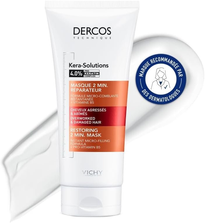 Dercos, Kera-Solutions, Masque Réparateur 2 Min pour Cheveux Agressés & Abîmés, Répare et Renforce les Cheveux, 200ml