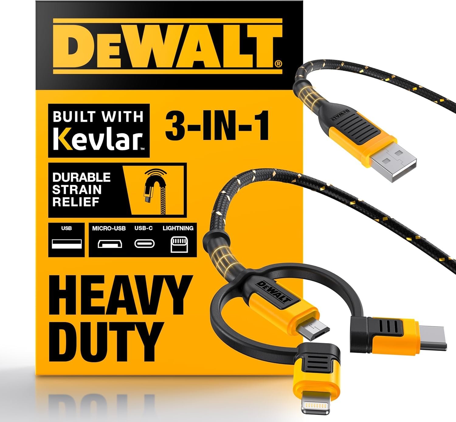 DEWALT Heavy Duty 3 in 1 Multi Charging Cord, 6ft Fast Charger Cord, Multi Charger Adapter with Lightning/Type C/Micro USB Port for iPhones/Samsung Galaxy/PS/Tablets/More