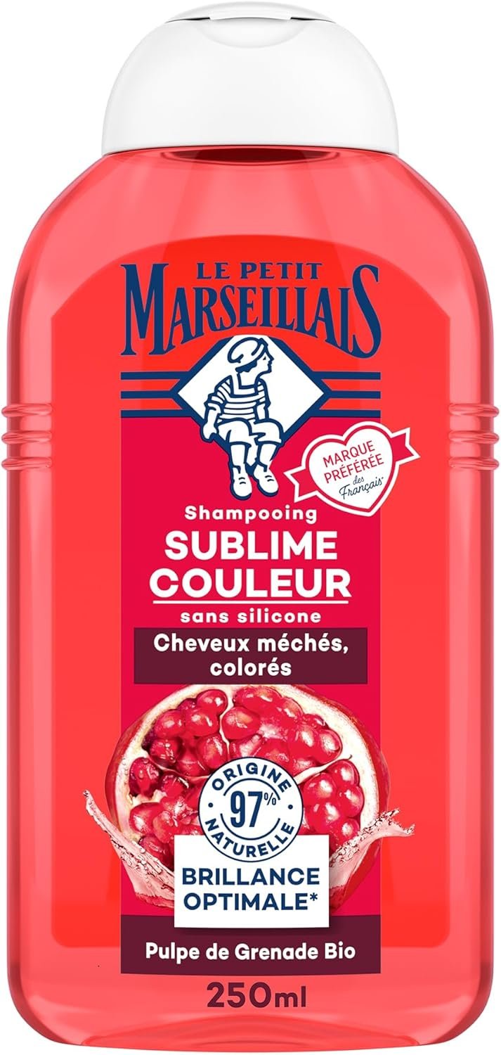 Shampooing Sublime Couleur Pulpe de Grenade Bio (flacon de 250 ml) – Shampoing sans silicone pour cheveux méchés et colorés – Soin cheveux pour une brillance optimale