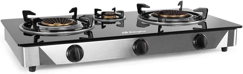 Fo 3520 Cuisinière à gaz, 2 brûleurs triple couronne, butane ou propane, allumage piézoélectrique, surface en verre trempé, corps en acier inoxydable [Classe énergétique A+]