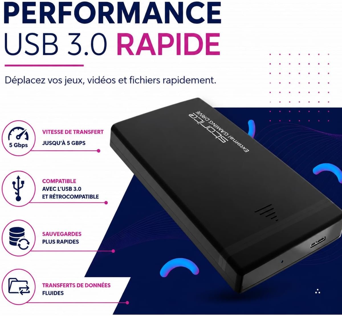Disque Dur Externe 500 Go, 2,5 Pouces, USB 3.0 - Noir