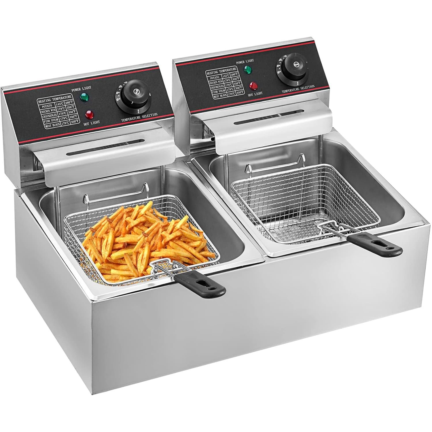 Friteuse 12L Electrique Inox, Friteuse Commerciale en Acier Inoxydable, à Double Réservoir 5000W avec 2Paniers à Friture avec Poignée en Caoutchouc pour Frire des Aliments Cuisiner