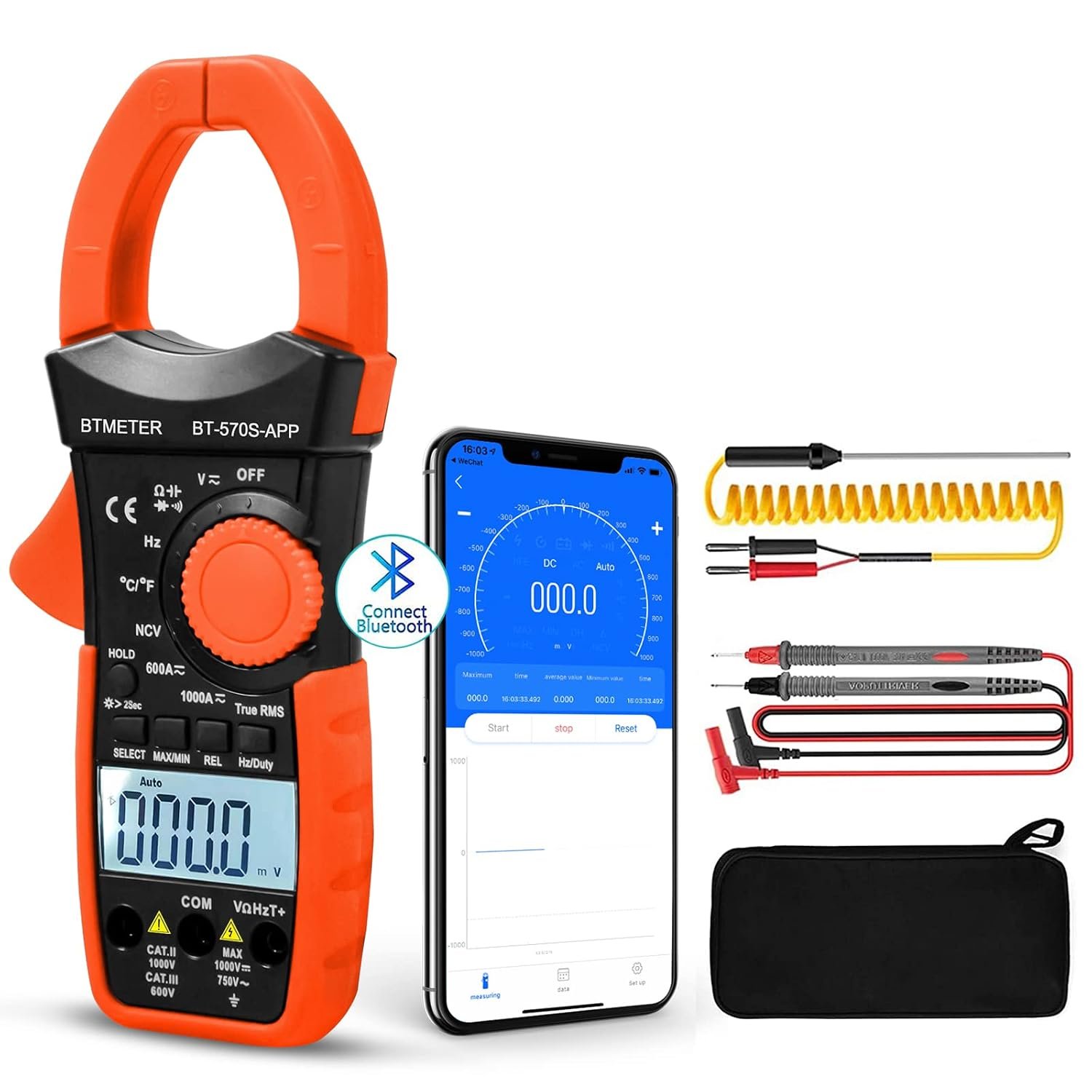 Multimètre Numérique à Pinces BT-570S-APP avec Bluetooth, 6000 Comptes TRMS, Pinces Ampèremètre Automatique Mesure Volt, Ampère, Ohm, Température, Capacité et NCV