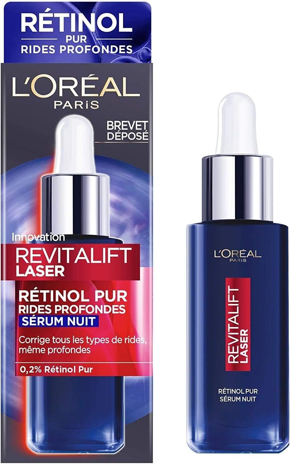 Sérum de Nuit Rétinol Anti-Rides - Soin Visage Anti-Âge Spécial Rides Profondes - Peau Raffermie & Souple - Tous Types de Peaux - Revitalift Laser - 30 ml