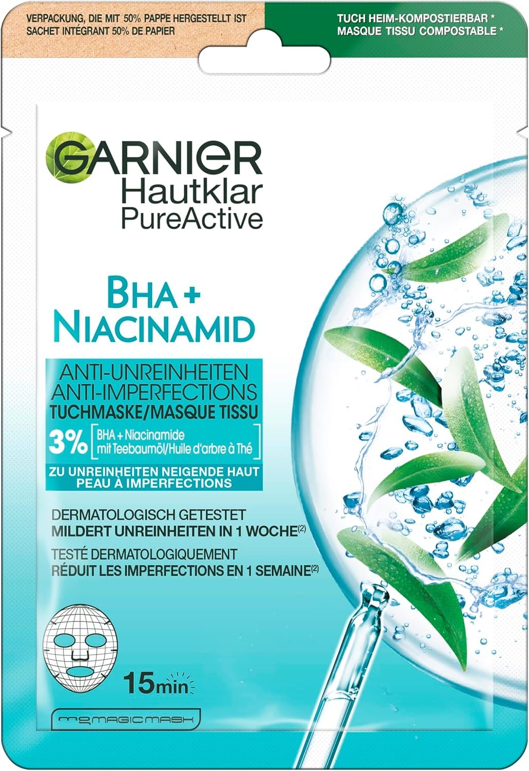 GARNIER Skin Active - Masque Tissu Anti-Imperfections - Réduit Pores, Sébum & Points Noirs - BHA, Niacinamide, Huile d’Arbre À Thé - Vegan & Cruelty Free - Tissu Compostable - Peaux À Imperfections