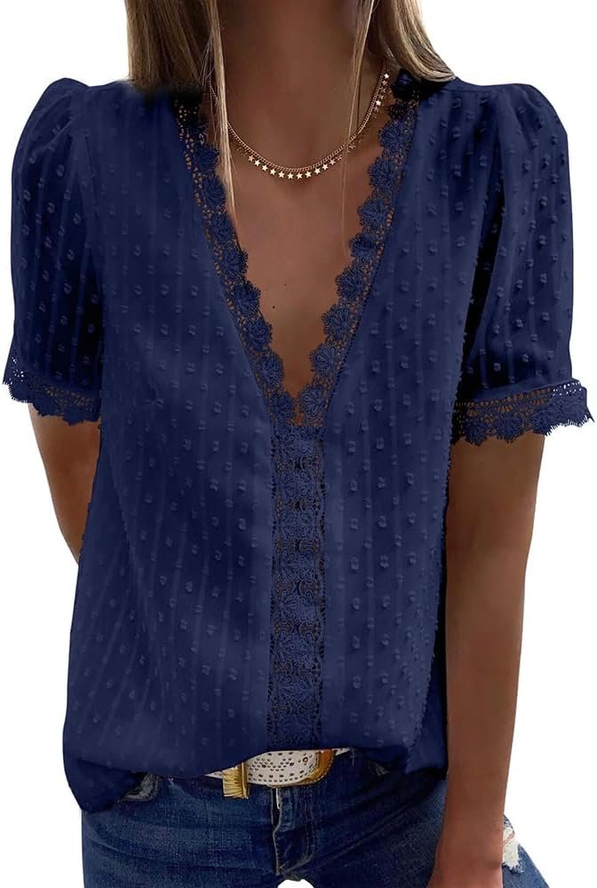 Femme Tee Shirt en Dentelle Col en V, Manches Courtes