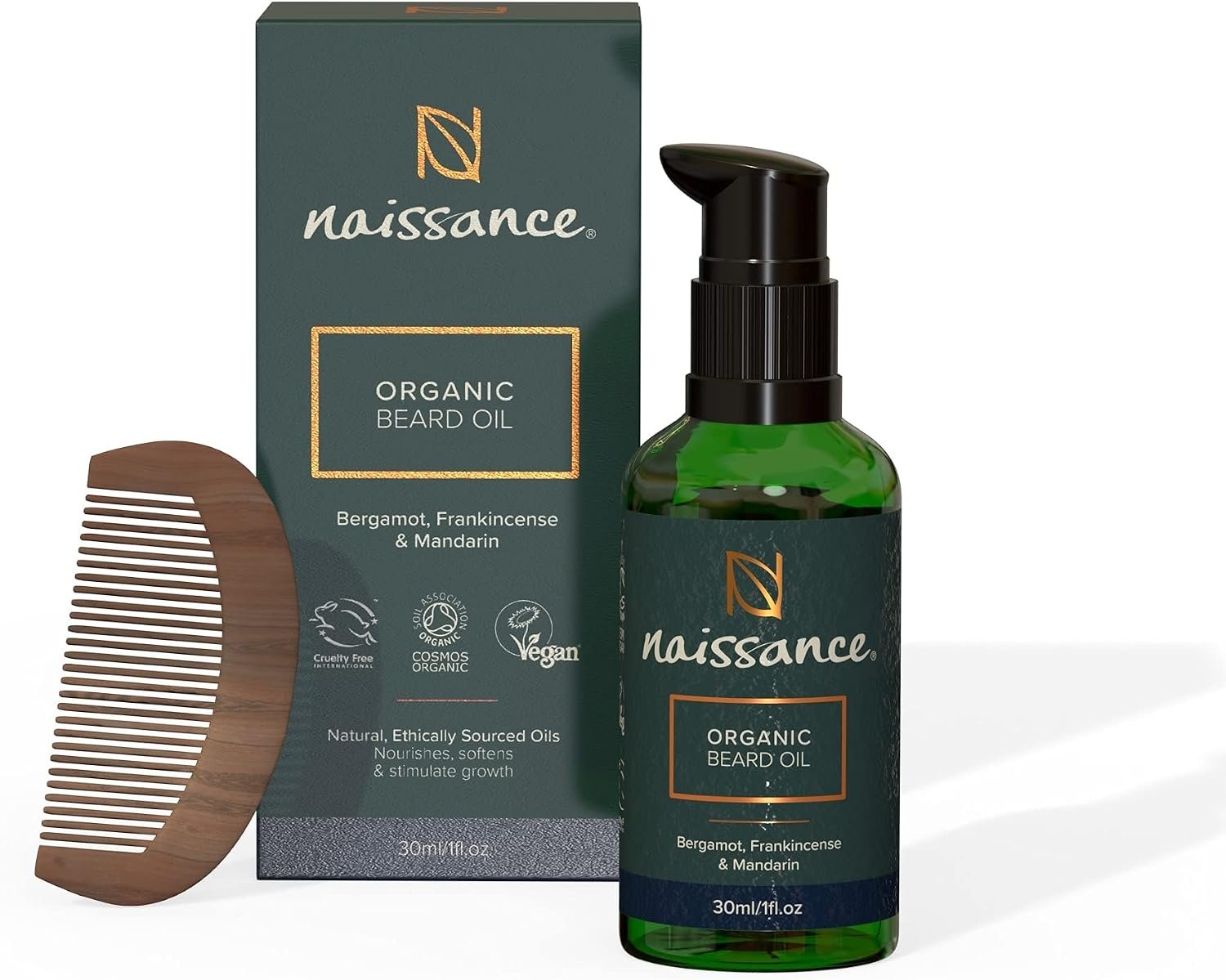 Huile De Barbe Soin Pour Homme BIO 30ml - Kit de Toilettage Revitalisant Réparateur de Croissance Des Cheveux avec Peigne en Bois – Serum Pousse Naturel - Huile d'Argan, De Ricin & Jojoba