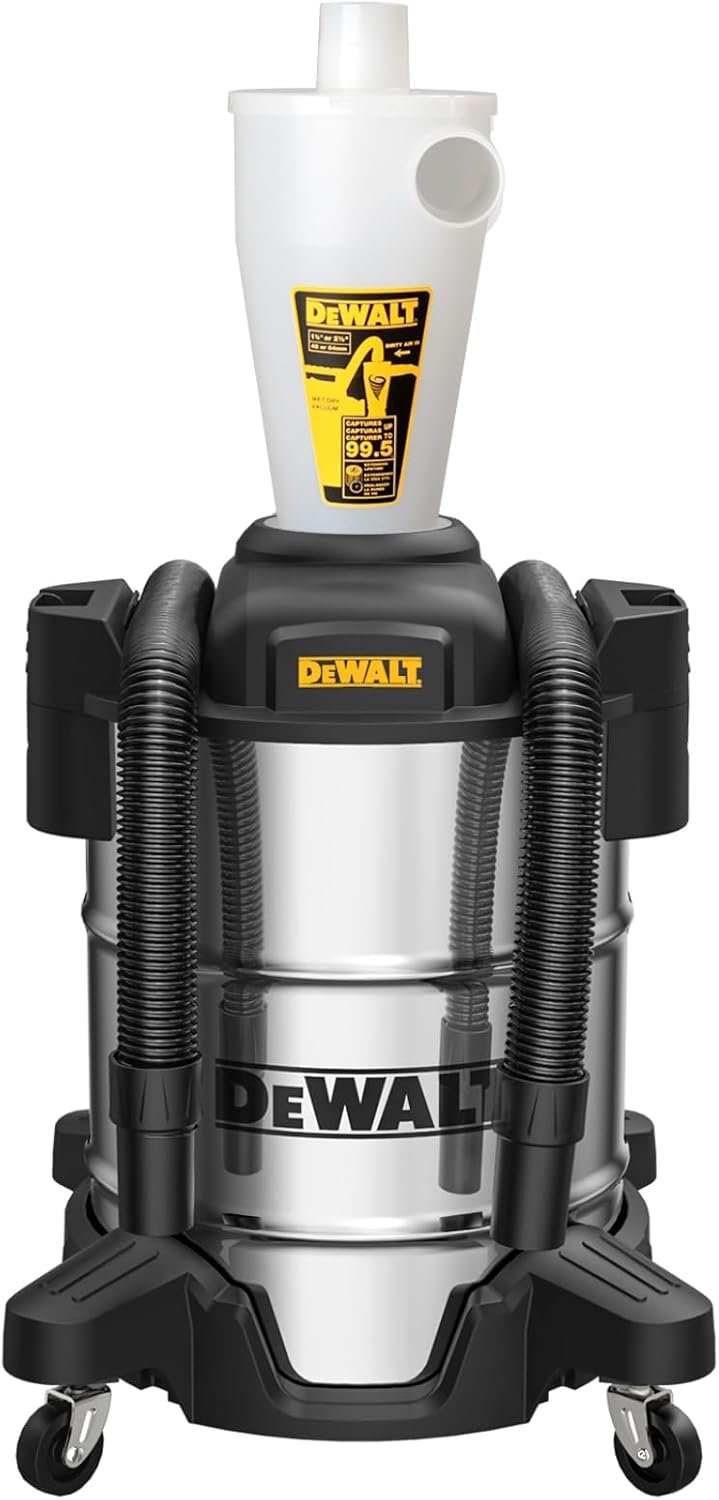 DEWALT Dust Separator with 10 Gallon Stainless Steel Tank, 99.5% Efficiency Cyclone Dust Collector, High-Performance Cycle Powder Collector Filter, DXVCS003, White