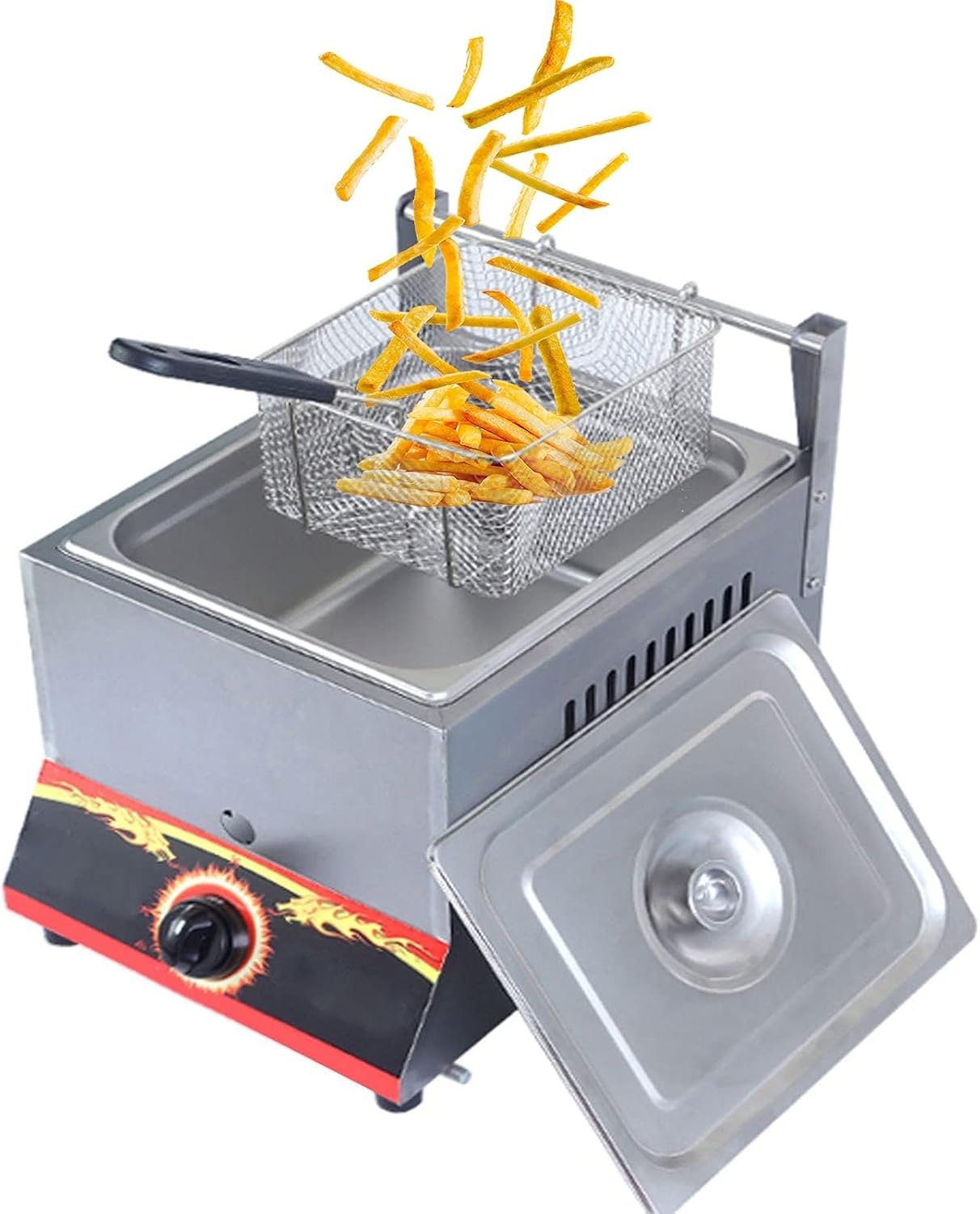 Friteuse À Gaz Professionnelle, avec Paniers Et Couvercle Amovibles, Puissance De Feu Réglable, Friteuse À Gaz Multifonction en Acier Inoxydable Épais, pour Frites Beignets Poisson