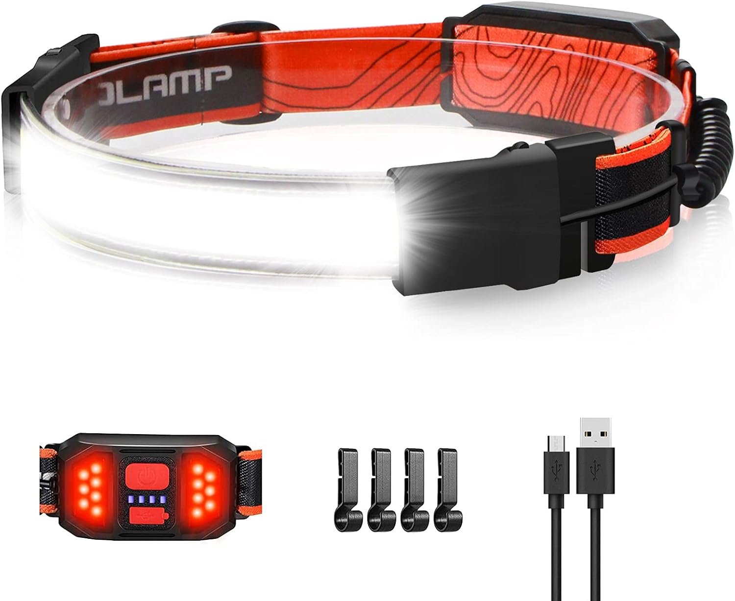 Lampe de poche LED, projecteur à faisceau large de 300lumens 230°, lampe de tête rechargeable USB avec feu arrière rouge, phares étanches légers pour la randonnée de camping, lampe frontale à chapeau rigide