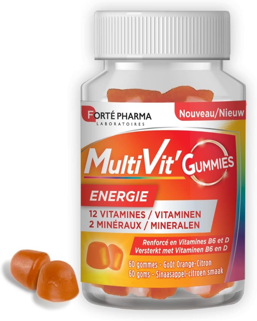 Complément multivitamines Multivit' Gummies Energie 60 gommes | Energie & tonus, Adultes et Enfants dès 4 ans, 12 Vitamines et renforcé en Vitamines B5 et D, goût orange-citron, 2 mois