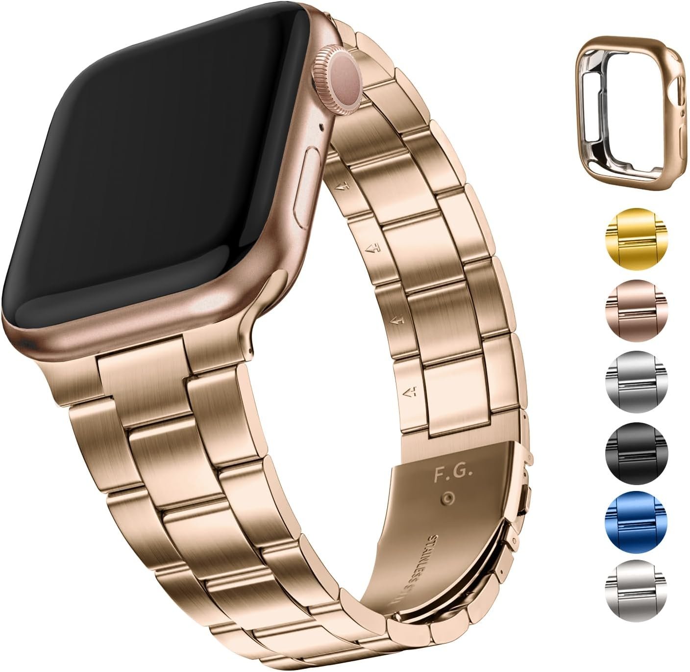 Bracelet Compatible avec Apple Watch 40mm 41mm 38mm Manuel Bracelet iWatch en acier inoxydable avec étui pour iWatch SE3/2/1 Series 9/8/7/6/5/4/3/2/1 Femmes Hommes 38mm/40mm/41mm Or Rose