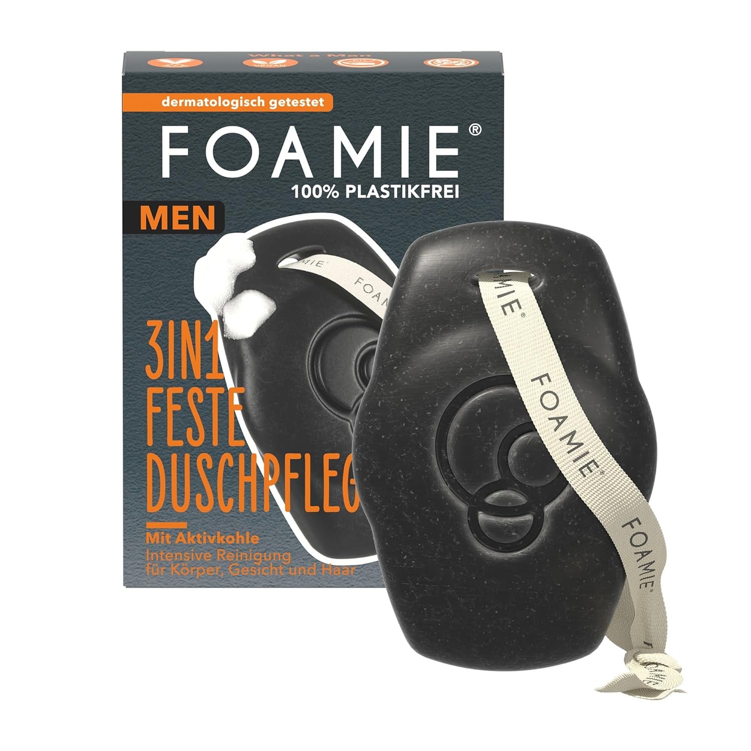 Foamie Men 3en1 Gel Douche Solide & Shampooing – Avec Charbon Actif & Bois de Rose – Pour corps, visage & cheveux – Nettoyage en profondeur, parfum boisé – Vegan, sans plastique & pH-neutre, 70 g