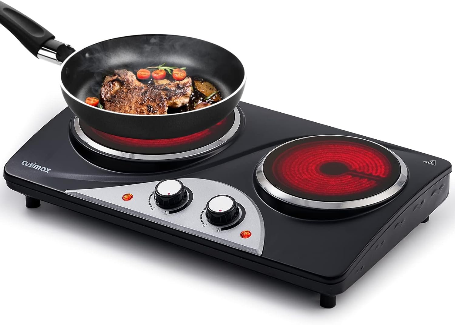 Plaque de cuisson électrique double CUSIMAX 2100W avec chaleur infrarouge, idéale pour la cuisine, le jardin et le camping, plaque de cuisson en acier inoxydable avec thermostat réglable