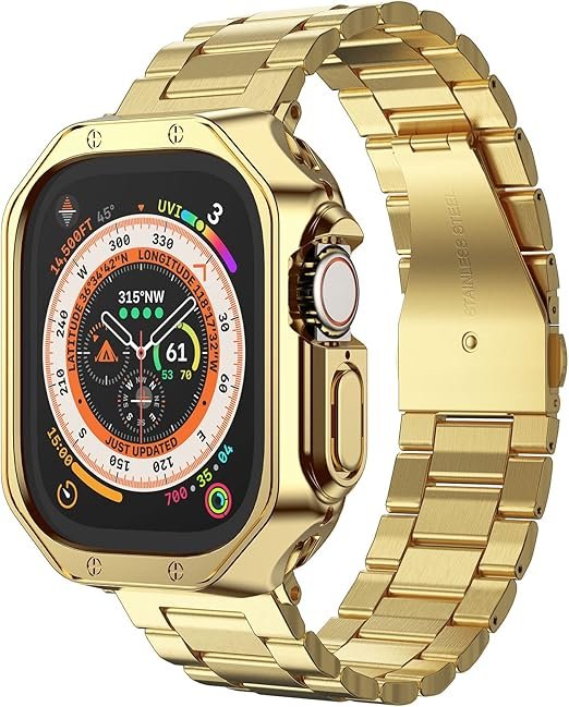 Compatible avec bracelet et étui Apple Watch, chaîne en acier inoxydable avec coque en TPU pour i-Watch Ultra Ultra2 Series 9 8 7 6 5 4 3 2 1 SE