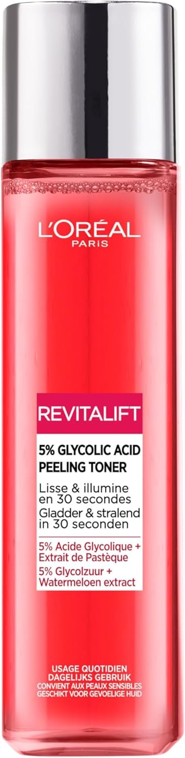 L'Oréal Paris - Lotion Peeling Visage Lissante et Exfoliante - Élimine les Points Noirs, Pores Dilatés & Imperfections - À l'Acide Glycolique 5% - Peeling Toner Revitalift - 180 ml