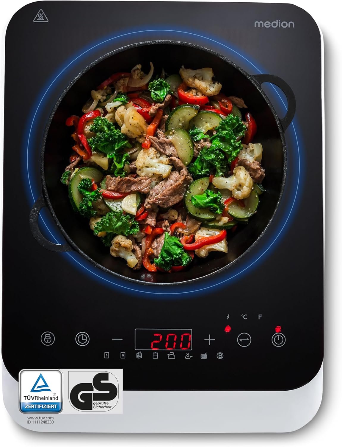 Plaque à induction (2000 Watt, 8 programmes automatiques, Détection de casserole, Sensor Touch, LED Display, 10 niveaux de cuisson, Plaque en verre cristal, MD 18490)