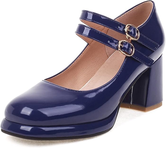 Escarpins Femme Talon Carré Plateforme Bout Rond Bride Cheville Vernis
